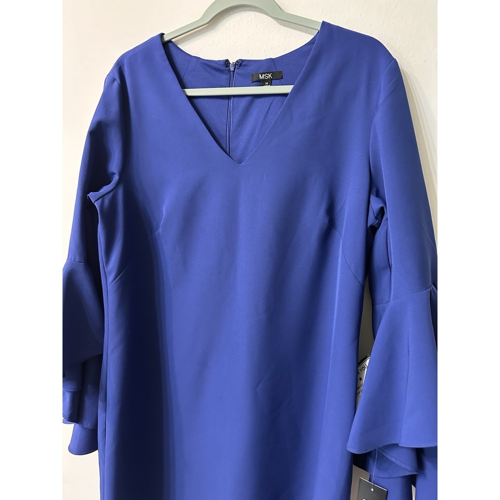 NWT MSK Womens Royal Blue V-Neck Tiered Bell Sleeve Sheath Dress Size 14